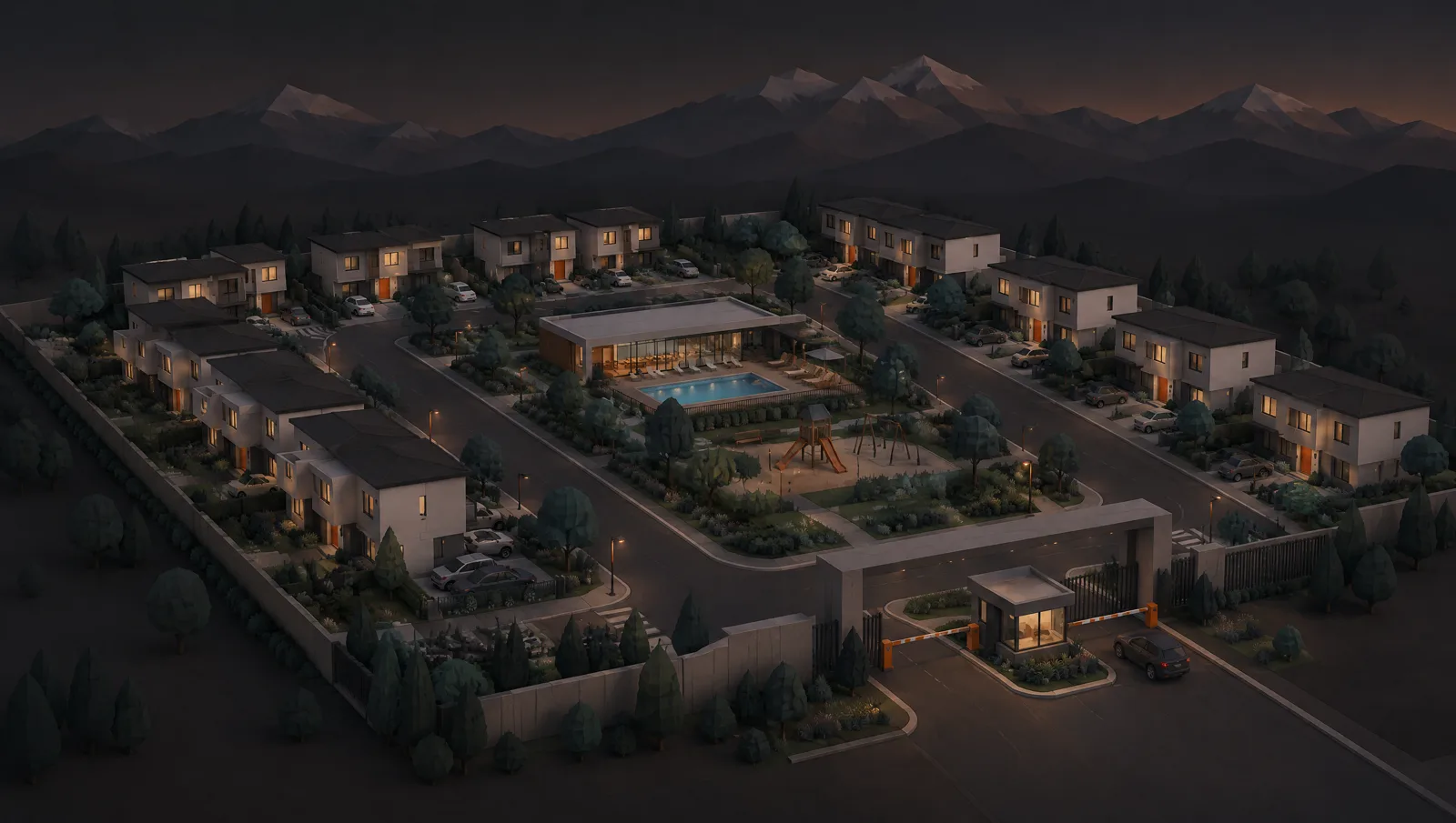 El condominio completo de noche: casas, piscina, juegos y la portería.