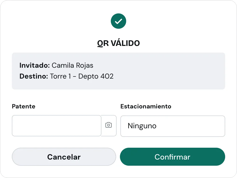 Portería: el conserje escanea el pase y el aviso confirma «QR válido» con el nombre del invitado y la unidad de destino.